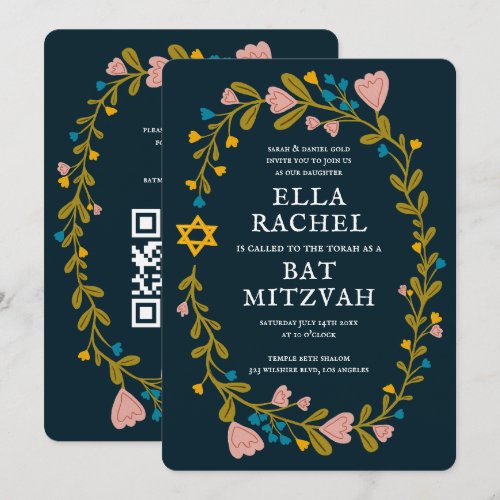 Floral Wreath Bat Mitzvah Hand-drawn Custom QRcode