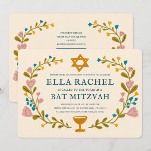 Floral Wreath Bat Mitzvah Hand-drawn Custom QRcode Invitation