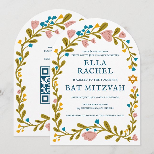 Floral Wreath Bat Mitzvah Hand-drawn Custom QRcode Invitation (Front/Back)