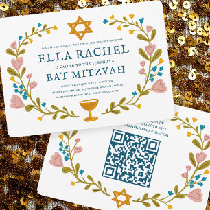 Floral Wreath Bat Mitzvah Hand-drawn Custom QRcode Invitation