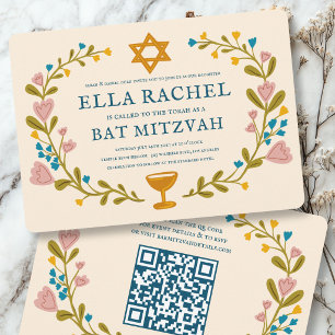 Floral Wreath Bat Mitzvah Hand-drawn Custom QRcode Invitation