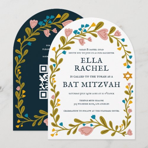 Floral Wreath Bat Mitzvah Hand-drawn Custom QRcode