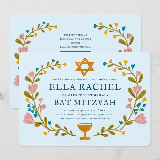 Floral Wreath Bat Mitzvah Hand-drawn Custom QRcode Invitation (Front/Back)