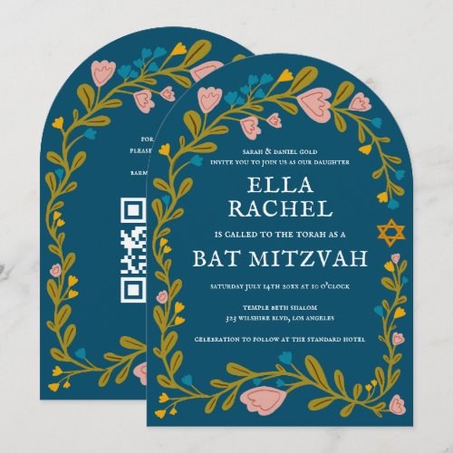 Floral Wreath Bat Mitzvah Hand-drawn Custom QRcode