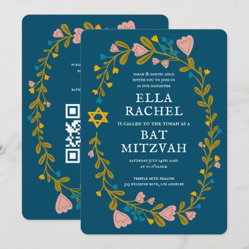 Floral Wreath Bat Mitzvah Hand-drawn Custom QRcode