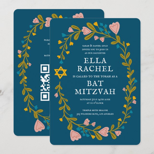 Floral Wreath Bat Mitzvah Hand-drawn Custom QRcode Invitation (Front/Back)