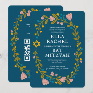 Floral Wreath Bat Mitzvah Hand-drawn Custom QRcode Invitation