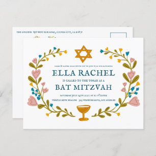 Floral Wreath Bat Mitzvah Hand-drawn Custom QRcode Postcard