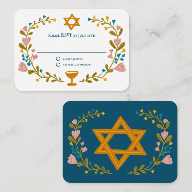 Floral Wreath Bat Mitzvah Hand-drawn Custom RSVP Enclosure Card (Front/Back)