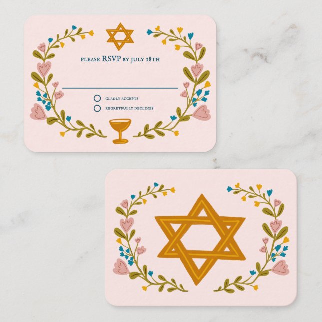 Floral Wreath Bat Mitzvah Hand-drawn Custom RSVP Enclosure Card (Front/Back)