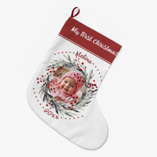 Floral wreath berries Baby's First Christmas photo Large Christmas Stocking