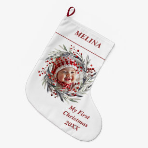 Floral wreath berries Baby's First Christmas photo Large Christmas Stocking