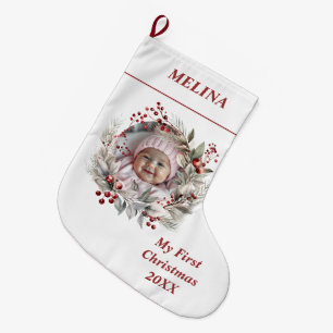 Floral wreath berries Baby's First Christmas photo Large Christmas Stocking