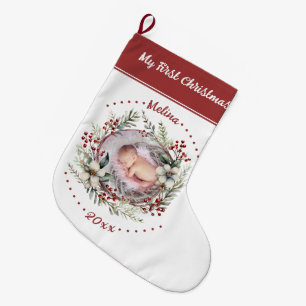 Floral wreath berries Baby's First Christmas photo Large Christmas Stocking
