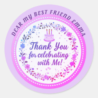 Floral Wreath Birthday Cake Personalized Thank You Classic Round Sticker