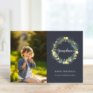 Floral Wreath Birthday Photo Card for Grandma
