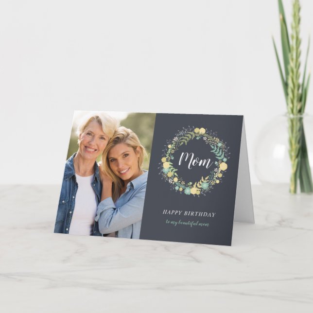 Floral Wreath Birthday Photo Card for Mom (Front)