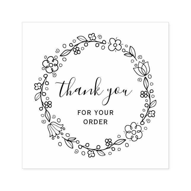 floral wreath black script thank you rubber stamp (Imprint)