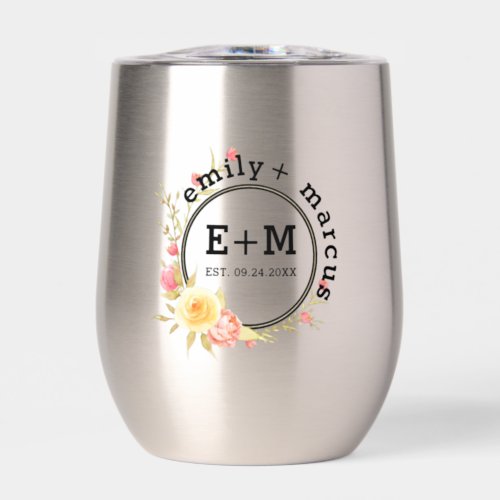 Floral Wreath Black Typography Wedding Design Thermal Wine Tumbler