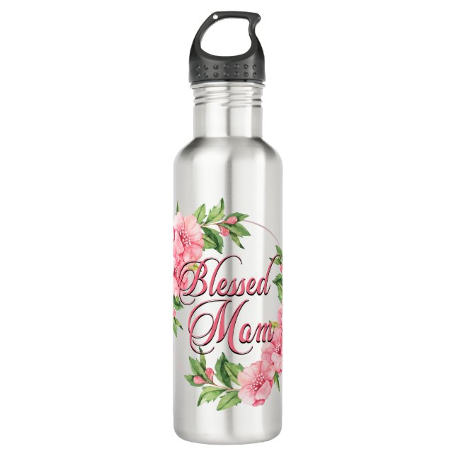 Floral Wreath Blessed Mom Stainless Steel Water Bottle (Front)