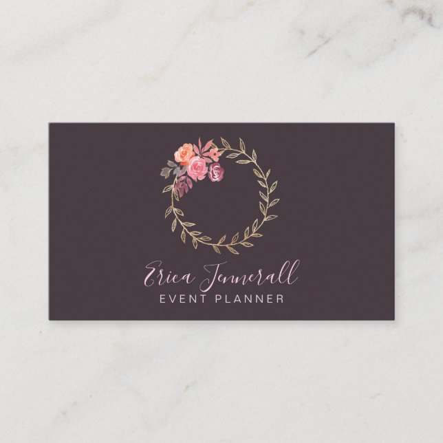 Floral Wreath Blooms On Gray Event Planner Business Card (Front)