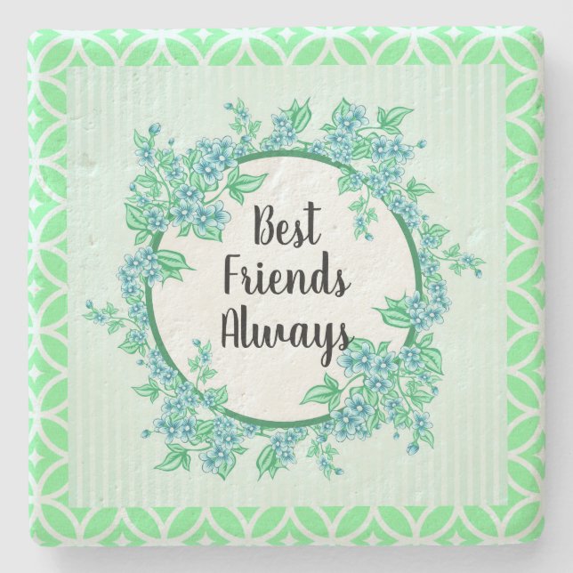 Floral Wreath Blue Mint Best Friends Always Stone Coaster (Front)