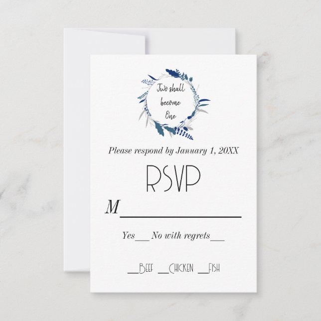 Floral Wreath Blue Two Become One Wedding RSVP (Front)