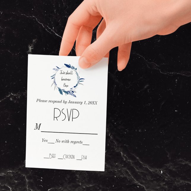 Floral Wreath Blue Two Become One Wedding RSVP Card (Floral Wreath Blue Two Become One Wedding RSVP Card)