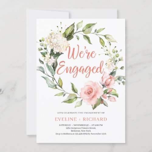Floral wreath blush floral withe hydrangea engage invitation
