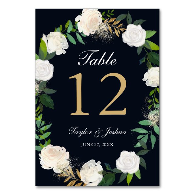 Floral Wreath Blush Navy Gold Wedding Table Cards (Front)
