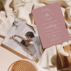Floral Wreath Blush Pink Monogram Photo Wedding  Invitation