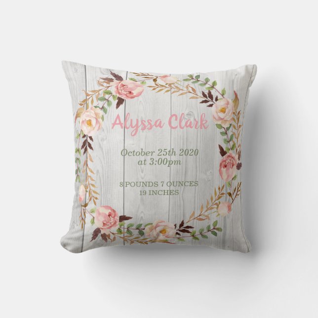 Floral Wreath Boho Baby Girl Birth Stats Throw Pillow (Front)