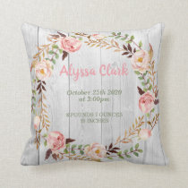 Floral Wreath Boho Baby Girl Birth Stats Throw Pillow