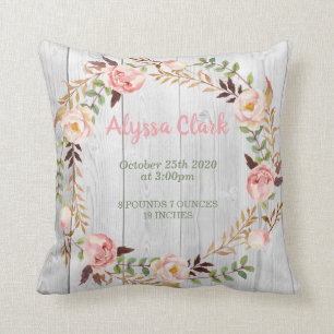 Floral Wreath Boho Baby Girl Birth Stats Throw Pillow