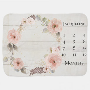 Floral Wreath BOHO Pink Monthly Milestone Girl Baby Blanket