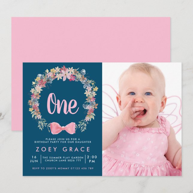 Floral Wreath & Bow Girl's 1st Birthday Photo Invitation (Front/Back)