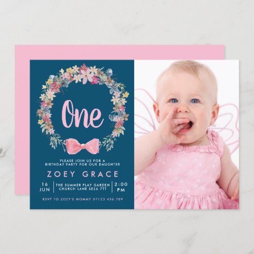 Floral Wreath  Bow Girls 1st Birthday Photo Invitation