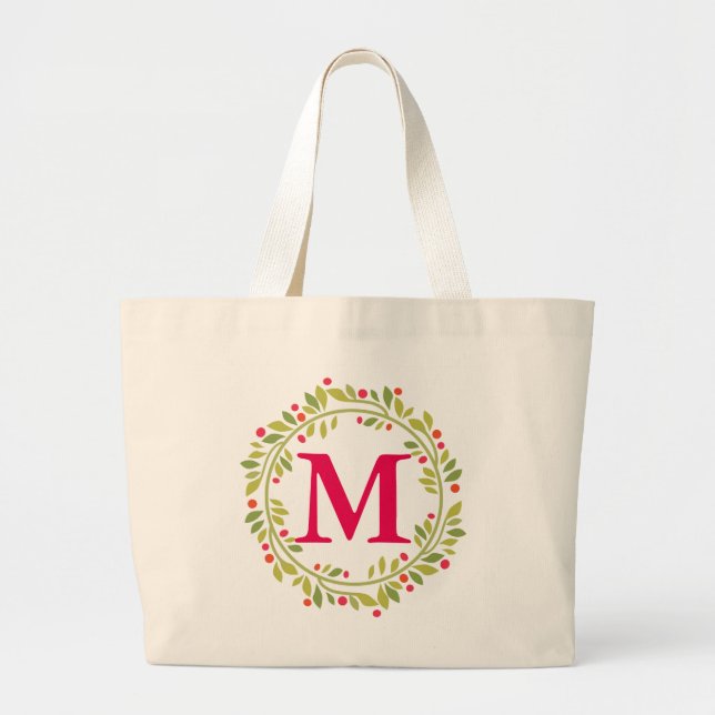 Floral Wreath Bride Monogram Personalized Large Tote Bag (Front)