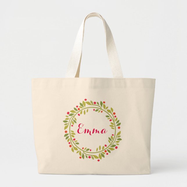 Floral Wreath Bride Monogram Personalized Large Tote Bag (Front)