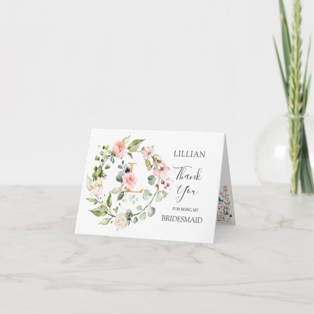 Floral Wreath Bridesmaid monogram letter L  Thank You Card (Front)