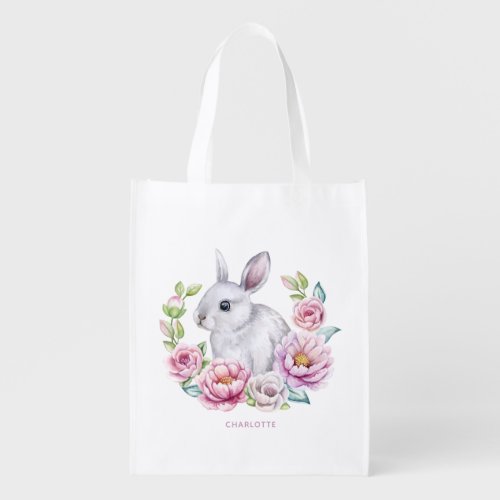 Floral Wreath Bunny Personalized Easter Grocery Bag