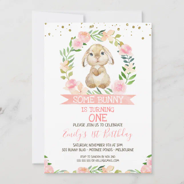 Floral Wreath Bunny Rabbit 1st Birthday Invitation | Zazzle