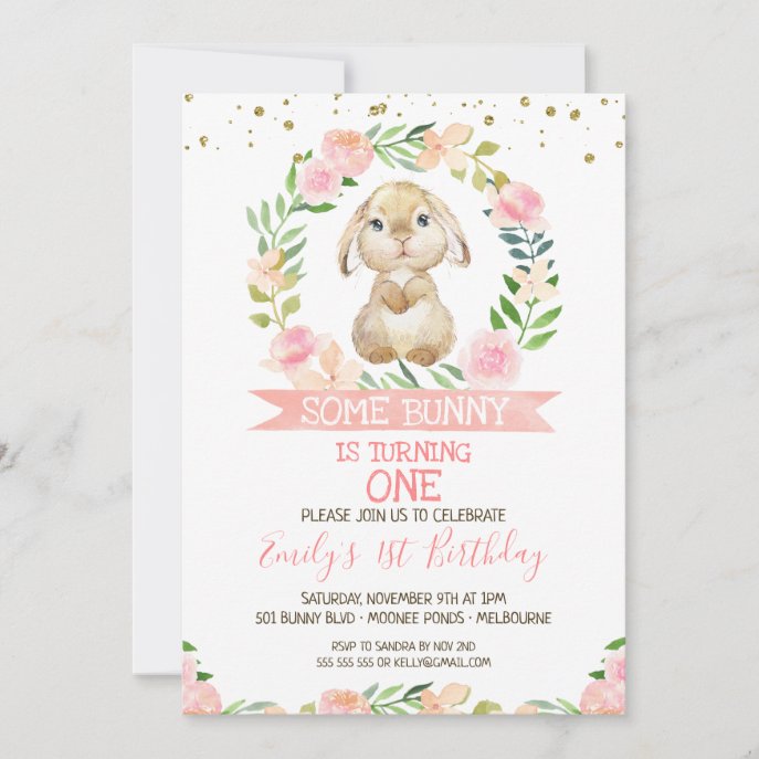 Floral Wreath Bunny Rabbit 1st Birthday Invitation