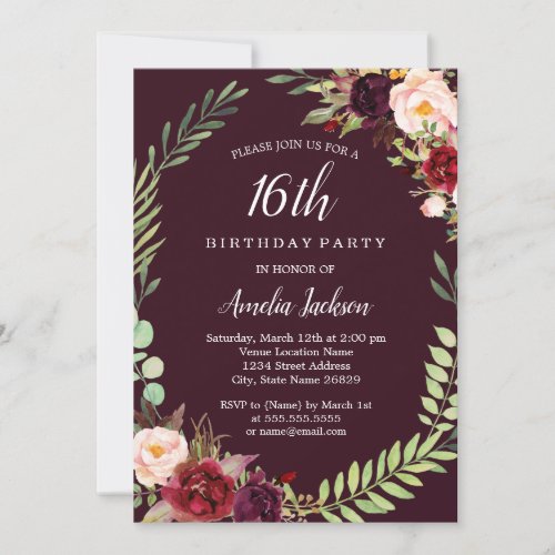 Floral Wreath Burgundy 16th Birthday Invitation