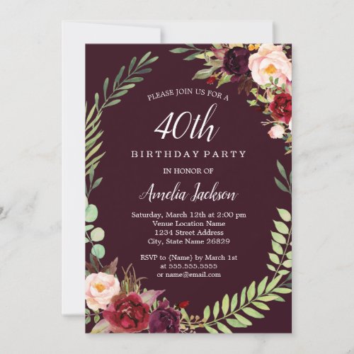 Floral Wreath Burgundy 40th Birthday Invitation