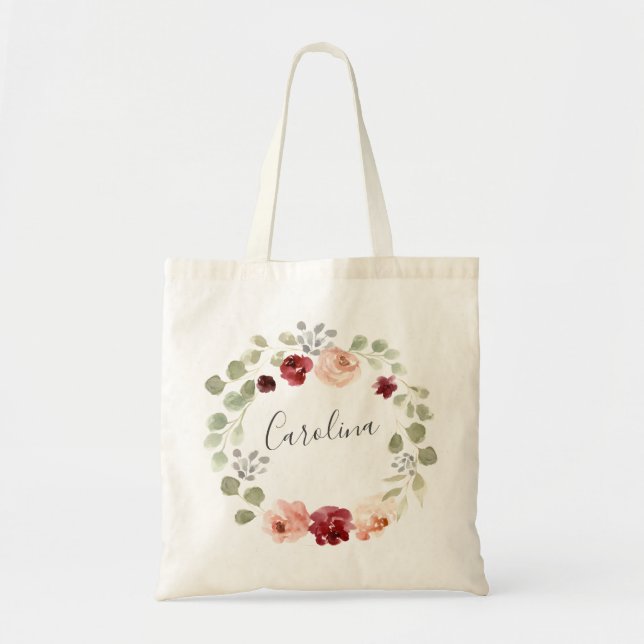 Floral Wreath Burgundy and Eucalyptus Tote Bag (Front)