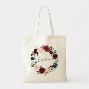 Floral Wreath Burgundy and Navy Blue Tote Bag