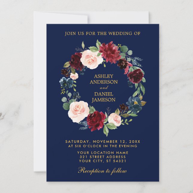 Floral Wreath Burgundy Blue Gold Wedding B Invitation (Front)