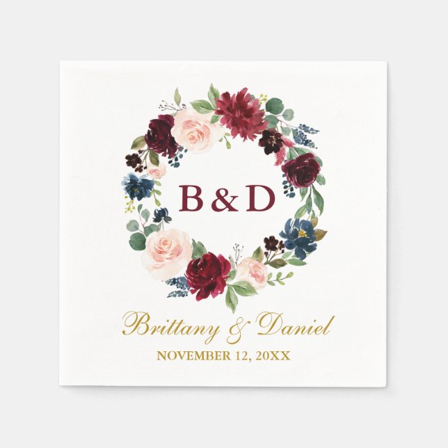 Floral Wreath Burgundy Blue Gold Wedding Napkins (Front)