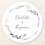 Floral Wreath Calligraphy Custom Wedding White  Round Paper Coaster<br><div class="desc">Floral Wreath Monogram Personalized Script Calligraphy Paper Coaster in White with Black Typography</div>